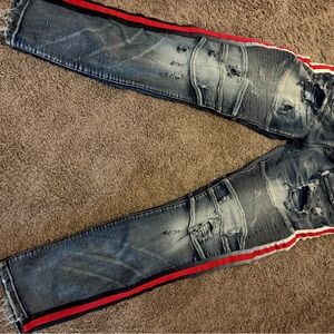 Preme Distressed Blue Jeans with Red Stripe 40x34